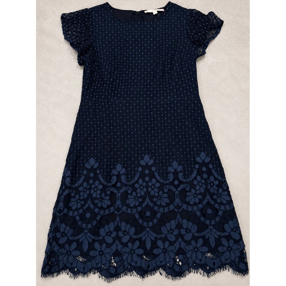 LOFT Lace Dress Womens 4P Petite Navy Blue Floral Scalloped Hem NWT